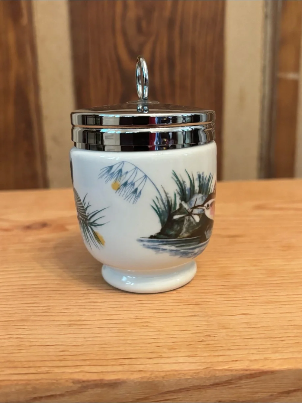 Royal Worcester Porcelain Egg Coddler Cup with Bird Illustration and Silver Lid